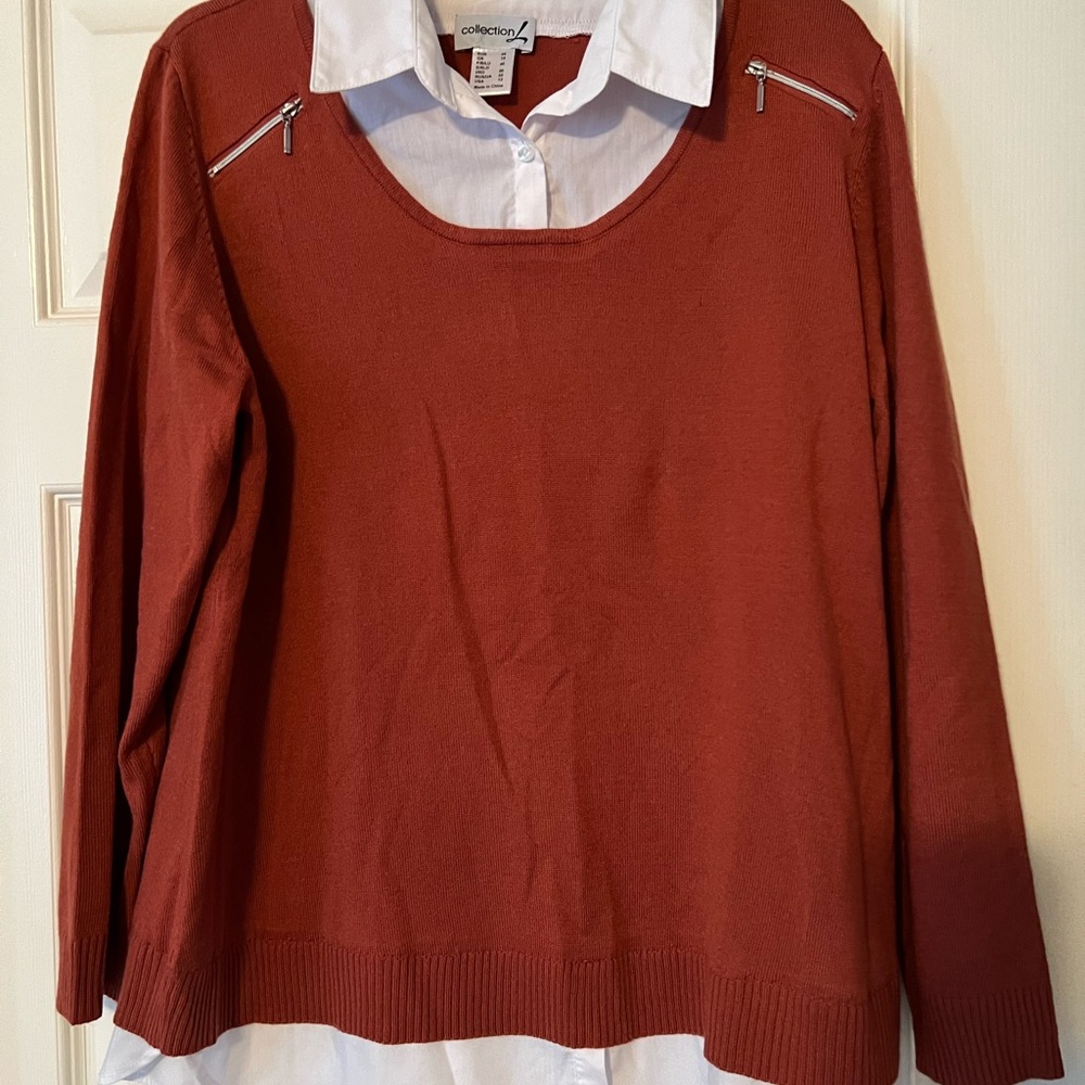 Women’s layered look sweater and dress shirt